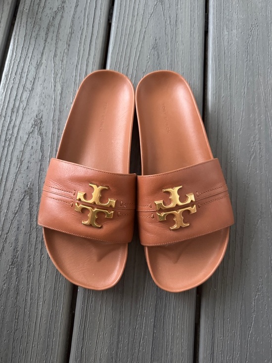 Tory Burch Shoes - Tory Burch Tan Leather Slide Sandals with Gold Logo